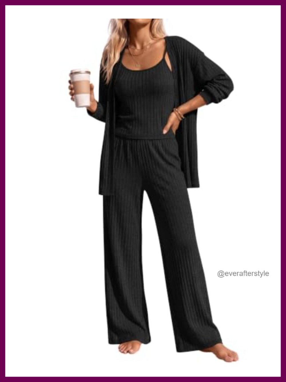 Womens 3 Piece Ribbed Knit Lounge Pajama Set Cardigan Cami Wide Leg Pants